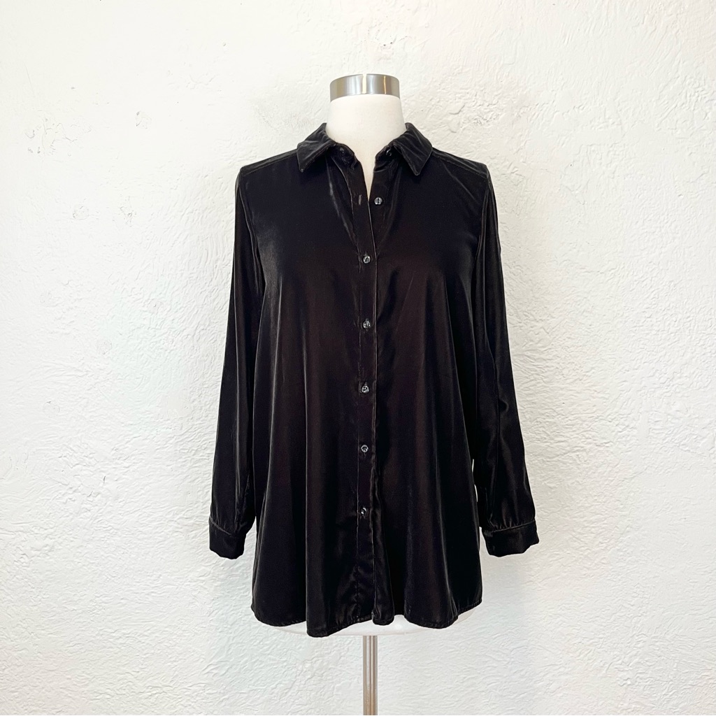 J Jill Shirt Top Button Down Velvet Chocolate Brown Xs